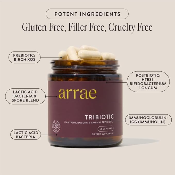 Arrae Tribiotic, Probiotics for Women, Support for Vaginal pH Balance, Gut, Immune, and Feminine Health, Prebiotics, Probiotics, Postbiotics, 60 Count