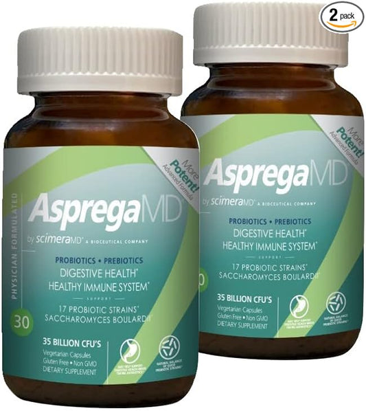 Asprega 30CT - Probiotic + Prebiotic Supplement | 17 Strains, 35 Billion CFUs | Delayed Release | Saccharomyces Boulardii | for Men & Women | by ScimeraMD, 2-Pack