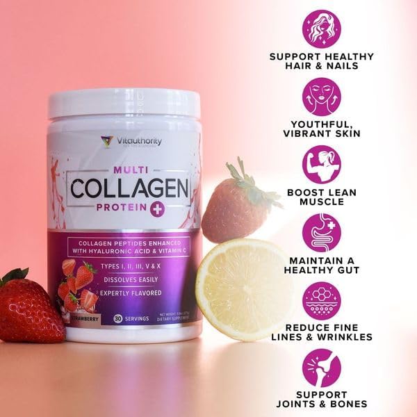 Multi Collagen Peptides Powder for Women and Men - Instant Dissolving Grass Fed Hydrolyzed Collagen Powder Drink Mix for Beautiful Hair Skin and Nails with Hyaluronic Acid and Vitamin C
