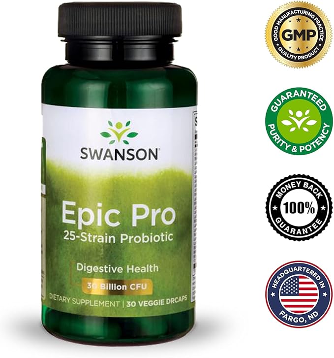 Swanson Epic-Pro 25-Strain Probiotic 30 Billion CFU Digestive Health Immune System Support Prebiotic Nutraflora FOS 30 DRcaps Veggie Capsules (Caps) (4 Pack)