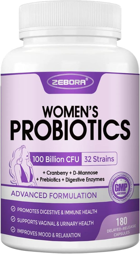 ZEBORA Probiotics for Women Digestive Health with Enzymes & Prebiotics, Vaginal Probiotics with D Mannose & Cranberry, 100 Billion CFUs Probiotic for Gut Health & Urinary Tract Balance, 90 Servings