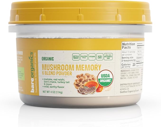 BareOrganics, Mushroom Memory Blend Powder, Organic Superfood, Vegan Dietary Supplement, 4 Ounces