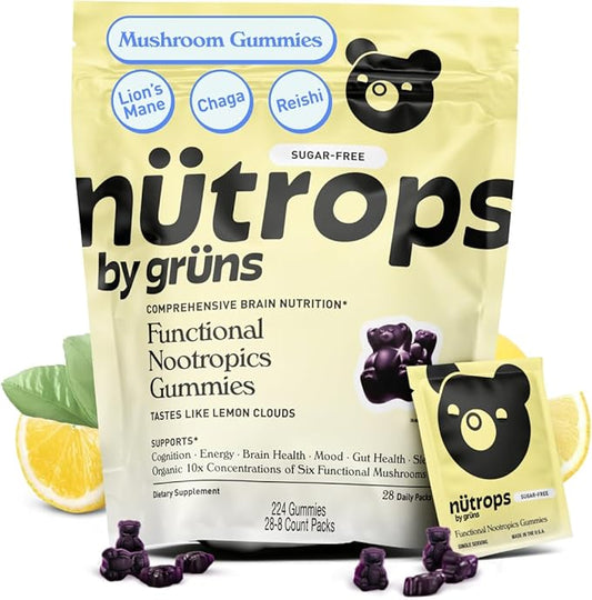 Nutrops Sugar-Free Lions Mane Mushroom Gummies for Adults, Functional Nootropics, Herbal Brain Supplement for Energy, Brain Health, Cognitive, Memory & Focus, Reishi, Chaga, Cordyceps - 28 Day Supply