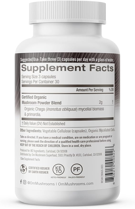Om Mushroom Superfood Chaga Mushroom Capsules Superfood Supplement, 90 Count, 30 Days, US Grown, Sacred Antioxidants & Immune Support, Superfood Mushroom Supplement