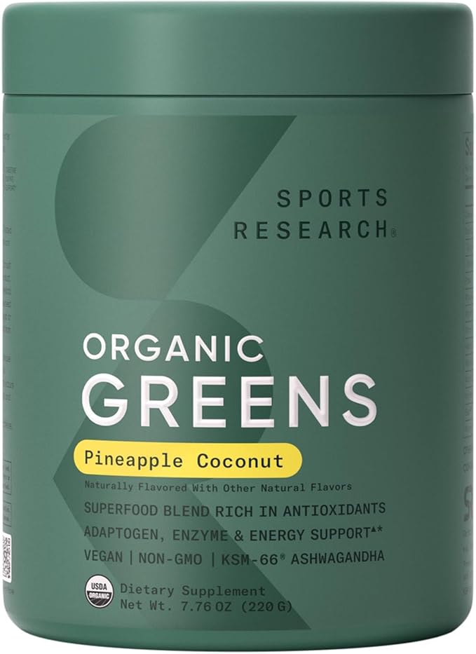 Sports Research® Organic Greens Superfood Powder w/Spirulina & Chlorella, Adaptogens, Enzymes, Probiotics & 8 VIT Bs for Gut & Mood Support* - Vegan, Sugar-Free & Low-Cal Pineapple Coconut 20