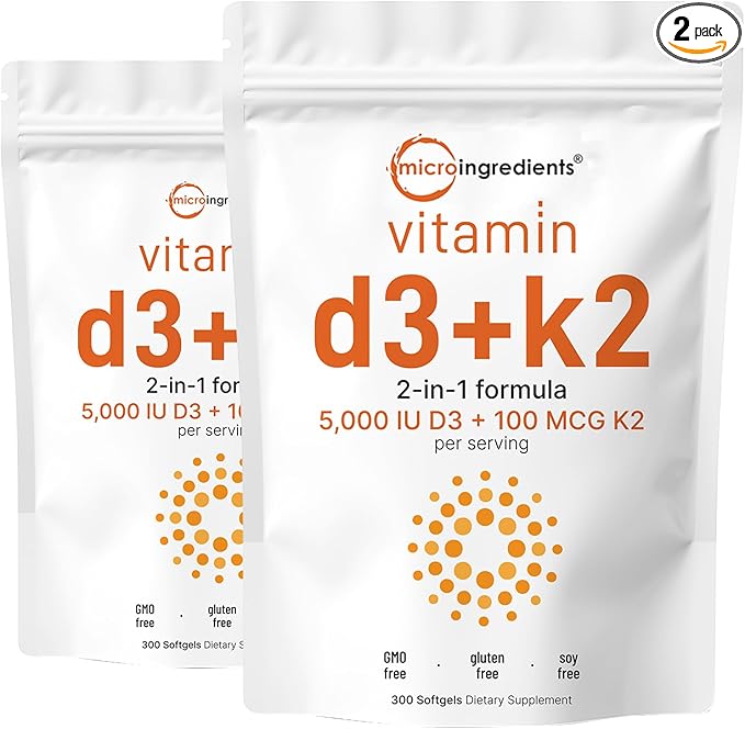 2 Pack Vitamin D3 5000IU Plus K2, 2 2 in 1 Formula, D3 Liquid K2, 300 300 Soft-Gels,