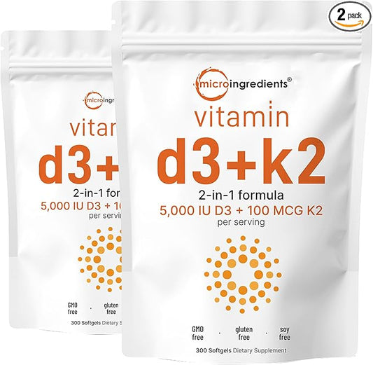2 Pack Vitamin D3 5000IU Plus K2, 2 2 in 1 Formula, D3 Liquid K2, 300 300 Soft-Gels,