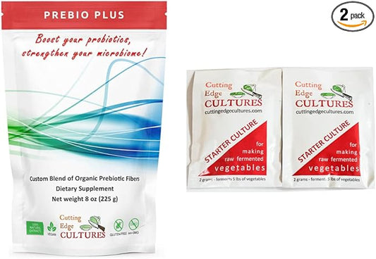 Prebio Plus Prebiotic Fiber Powder Best Custom Blend of Organic Prebiotic Fibers Dietary Supplement 8 oz (Prebio Plus 8oz + Vegetable Starter 4 Grams)