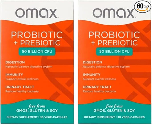 Omax3 Prebiotic & Probiotic 50 Billion CFU + Chicory Inulin, 10 Strain, Reduce Bloating, Digestion, SIBO, Leaky Gut, Vaginal pH, Acidophilus, Vegan, Dairy Free, Gluten Free, Blister Packaged (2 Pack)