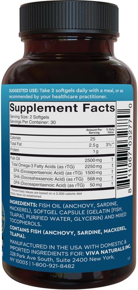 Viva Naturals Triple Strength Omega 3 2500 mg 3 Fatty 60 Pescatarian-Friendly