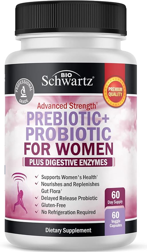 Prebiotics and Probiotics for Women - with Black Cohosh and Red Clover for Gut, Vaginal and Immune Health Support, Whole Food Digestive Enzymes Capsules, Lactobacillus Probiotic Supplement, 60 Count