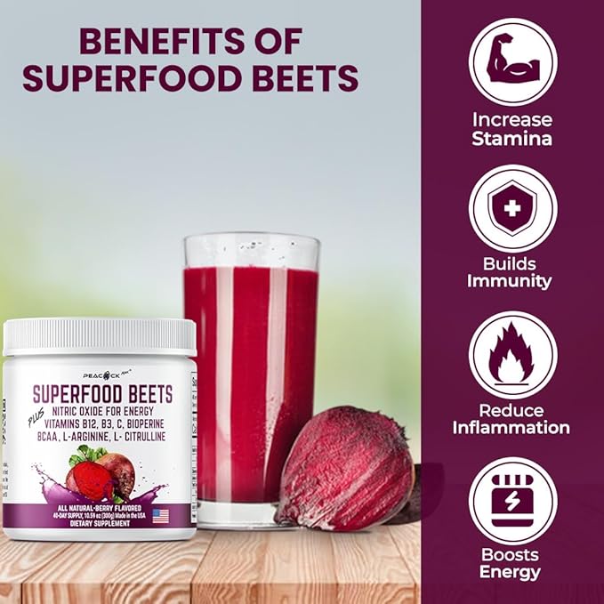 Beetroot Powder - Superfood for Blood Pressure Support, Nitric Oxide Booster, Beet Root Extract, BCAA for Heart Health, Green Tea Extract, Berry Flavor (Pack of 1 (10.59 oz))