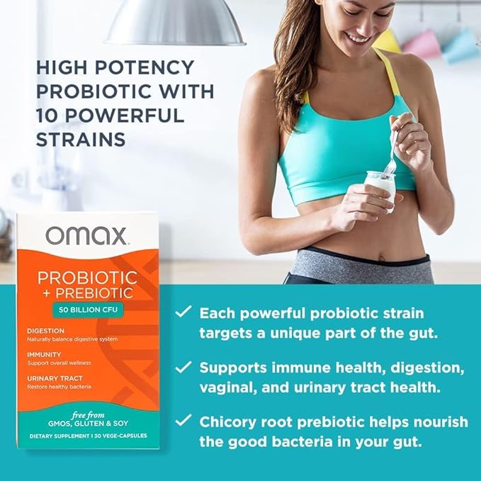 Omax3 Prebiotic & Probiotic 50 Billion CFU + Chicory Inulin, 10 Strain, Reduce Bloating, Digestion, SIBO, Leaky Gut, Vaginal pH, Acidophilus, Vegan, Dairy Free, Gluten Free, Blister Packaged (2 Pack)