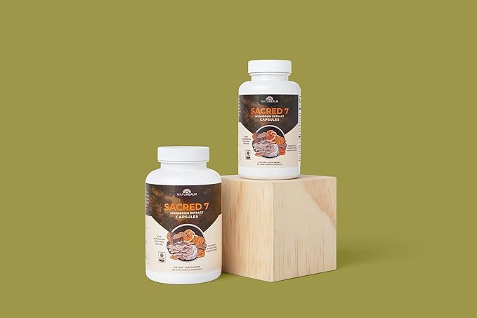 Naturealm Sacred 7 Organic Mushroom Extract Capsules - Premium 7 Mushroom Supplement with Lions Mane, Reishi, Chaga - USDA Organic Immune Support & Focus - 180 Vegetarian Capsules