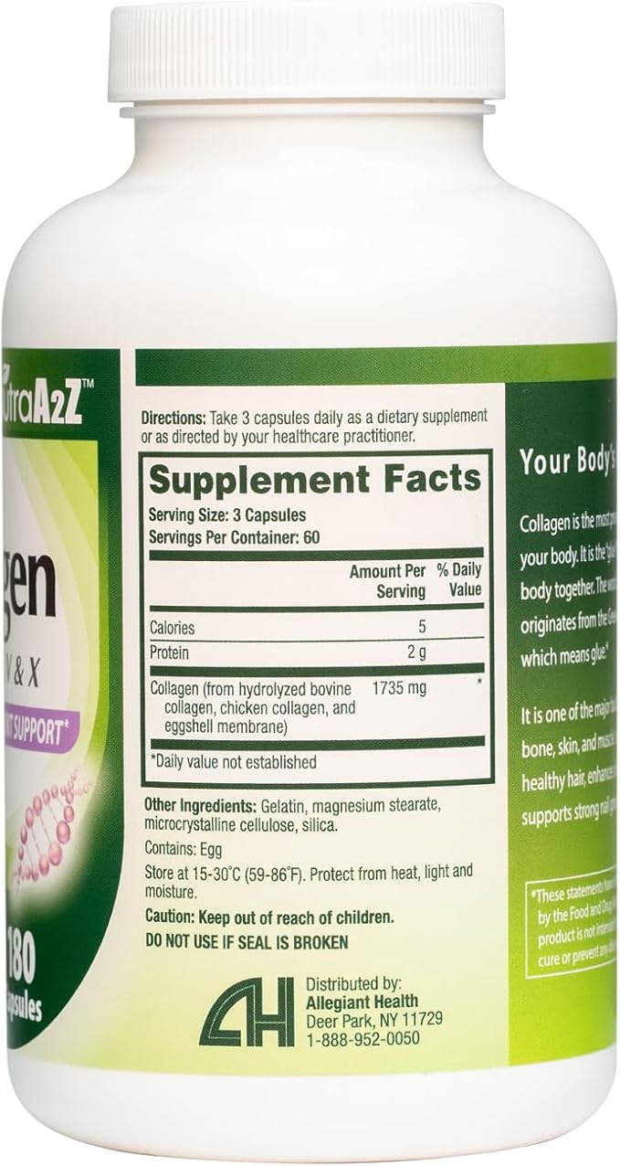 Multi Collagen Pills 1735mg -180 Collagen Capsules (60 Servings) - Types I, II, III, V & X for Healthy Skin, Hair, Nails & Joint Support