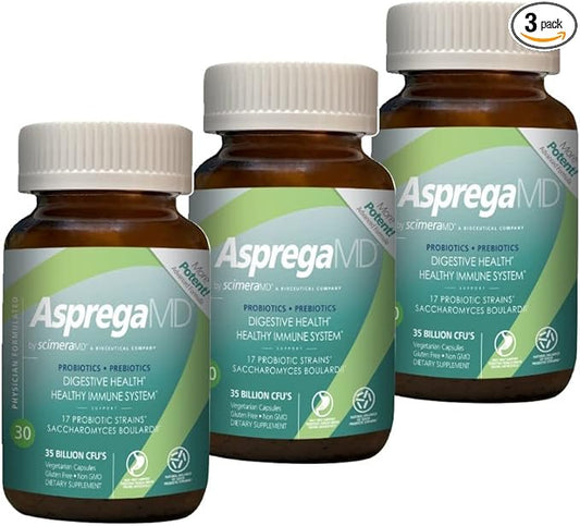 Asprega 30CT - Probiotic + Prebiotic Supplement | 17 Strains, 35 Billion CFUs | Delayed Release | Saccharomyces Boulardii | for Men & Women | by ScimeraMD, 3-Pack