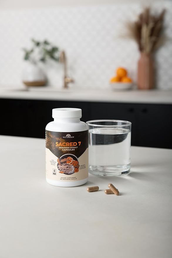 Naturealm Sacred 7 Organic Mushroom Extract Capsules - Premium 7 Mushroom Supplement with Lions Mane, Reishi, Chaga - USDA Organic Immune Support & Focus - 180 Vegetarian Capsules