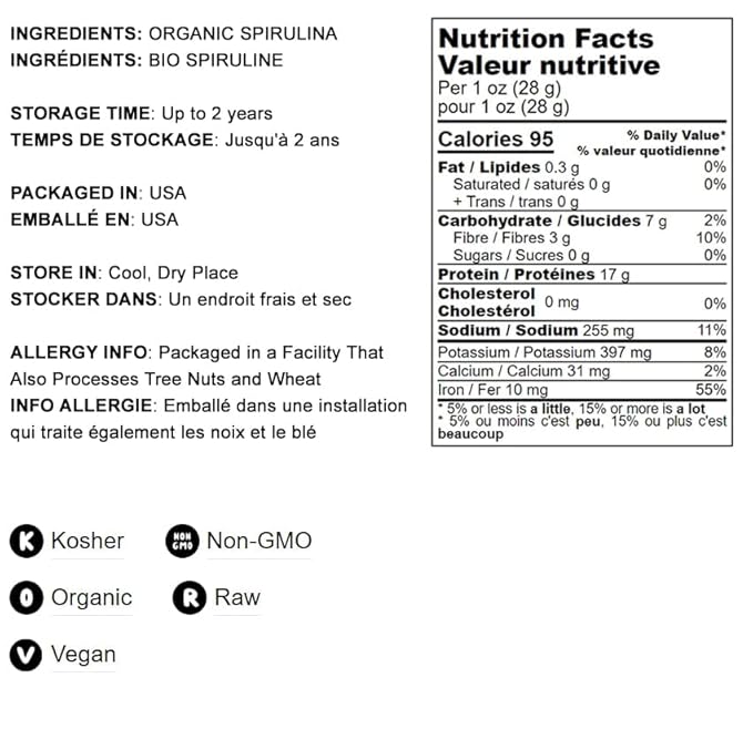 Food to Live Organic Spirulina Powder, 8 Ounces — Non-GMO, Kosher, Raw Blue-Green Algae, Vegan Superfood, Bulk, Non-Irradiated, Pure Vegan Green Protein, Rich in Vitamins & Minerals, Great for Drinks