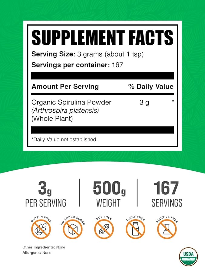 BulkSupplements.com Organic Spirulina Powder - Superfood Powder, Green Spirulina Powder, Spirulina Organic - Vegan-Friendly, 3000mg per Serving, 500g (1.1 lbs) (Pack of 1)