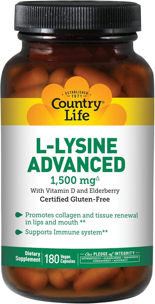 Country Life Vitamins L-Lysine Advanced, Elderberry,1500mg, 180 180 Vegan