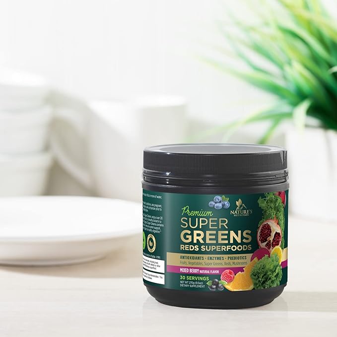 Greens Superfood Powder Drink Mix - Green Whole Food Blend for Energy & Gut Health with Organic Wheat Grass, Spirulina, Chlorella, Digestive Enzymes Antioxidant & Probiotics, Berry Flavor, 30 Servings