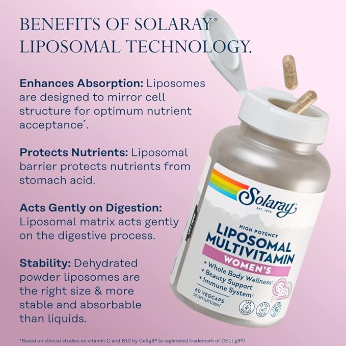 SOLARAY Liposomal Multivitamin for Women, Enhanced B12, Biotin, CoQ10, Immune 30 Servings, 60 VegCaps