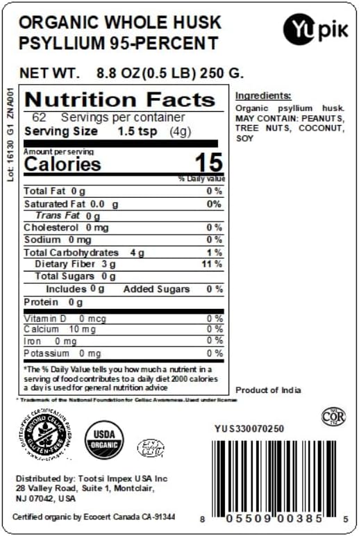 Yupik Organic Whole Husk Psyllium 95% Superfood, 8.8 Ounce, Non-GMO, Vegan, Gluten-Free, Packaging may vary