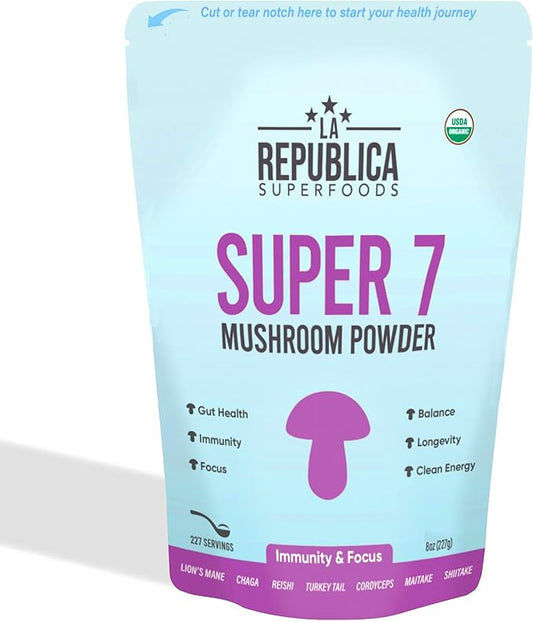 La Republica Superfood Super 7 Mushroom Extract Powder, Includes Lion's Mane, Reishi, Chaga, Cordyceps, Shiitake, Maitake, and Turkey Tail (8 oz) ﻿