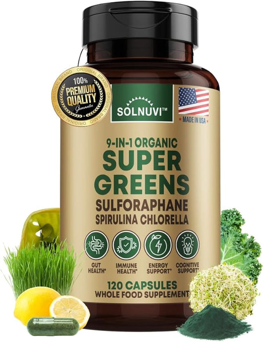 Organic Super Greens Superfood Capsules Supplement - Spirulina, Chlorella, Wheatgrass, Kale Powder, Sulforaphane, Antioxidants - Gut Health, Digestion, Energy, Immunity Support - 120 Vegan Capsules