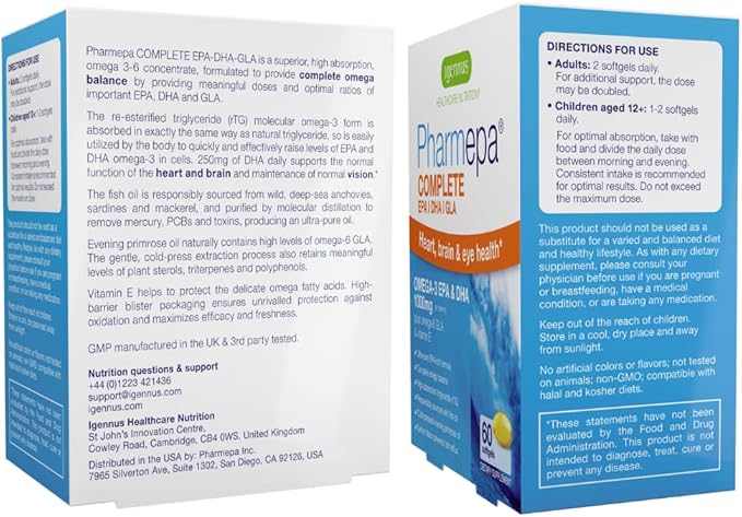 Pharmepa Complete EPA DHA rTG Omega 3 1000mg, 1000mg, High 6 GLA 60 Servings