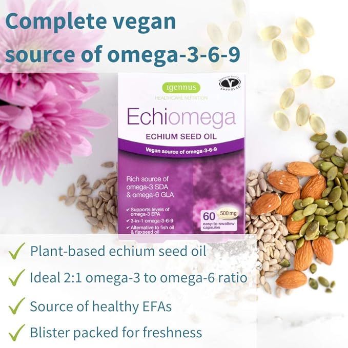 Echiomega Vegan Triple Omega 3 6 9 500 500 mg, 60 Softgels