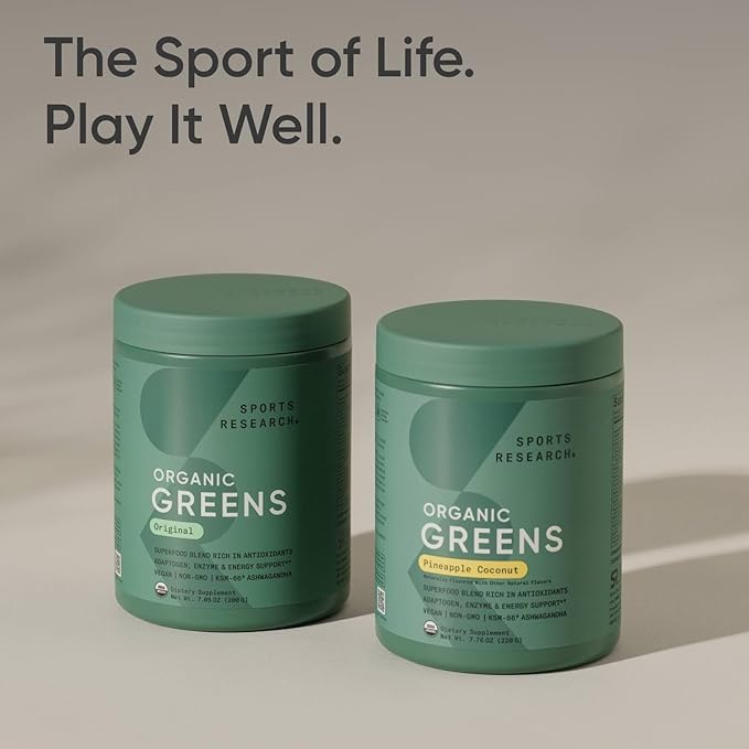 Sports Research® Organic Greens Superfood Powder w/Spirulina & Chlorella, Adaptogens, Enzymes, Probiotics & 8 VIT Bs for Gut & Mood Support* - Vegan, Sugar-Free & Low-Cal Pineapple Coconut 20