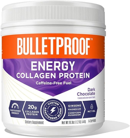 Bulletproof Dark Chocolate Energy Collagen Protein, 19.3 Ounces, Caffeine-Free Fuel with Vitamins and Antioxidants, Blend with Ginseng, Magnesium, Cordyceps Mushroom