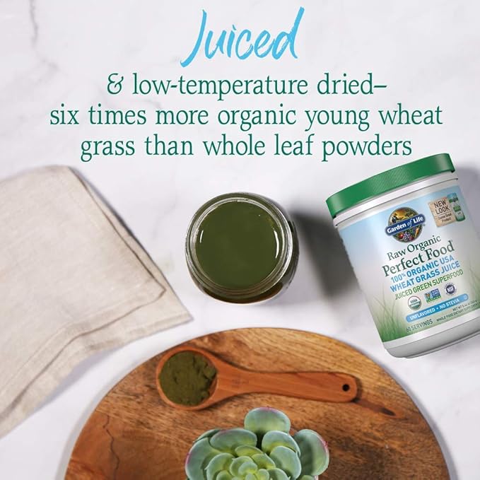 Garden of Life Raw 100% Organic Perfect Food USA Wheat Grass Juice - Green Superfood Powder, 60 Servings - Stevia & Gluten Free, Non-GMO, Vegan, Whole Food Dietary Supplement, 8.46 Oz