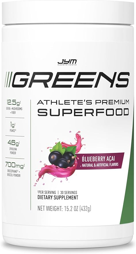 JYM Greens Super Food Powder for Performance, Blueberry Acai, Spirulina, Mushrooms, Vitamins, BroccoPhane & Broccoli, Men & Women, 30 Servings
