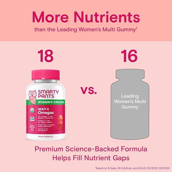 SmartyPants Organic Women's Multivitamin Gummies: Biotin, 3 (ALA), D3, C, B12, B6, B6, Vitamin 120 Count (30 Day