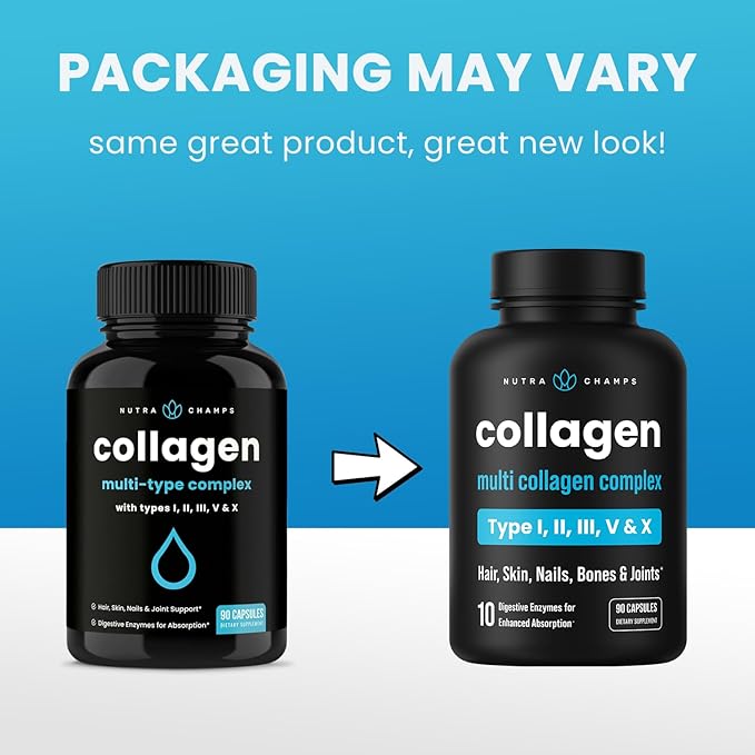 NutraChamps Multi Collagen Pills, Types I,II,III,V,X, Double Hydrolyzed Collagen Peptides Powder Capsules, Protein Supplement for Women & Men, 180 Capsules (Pack of 2)