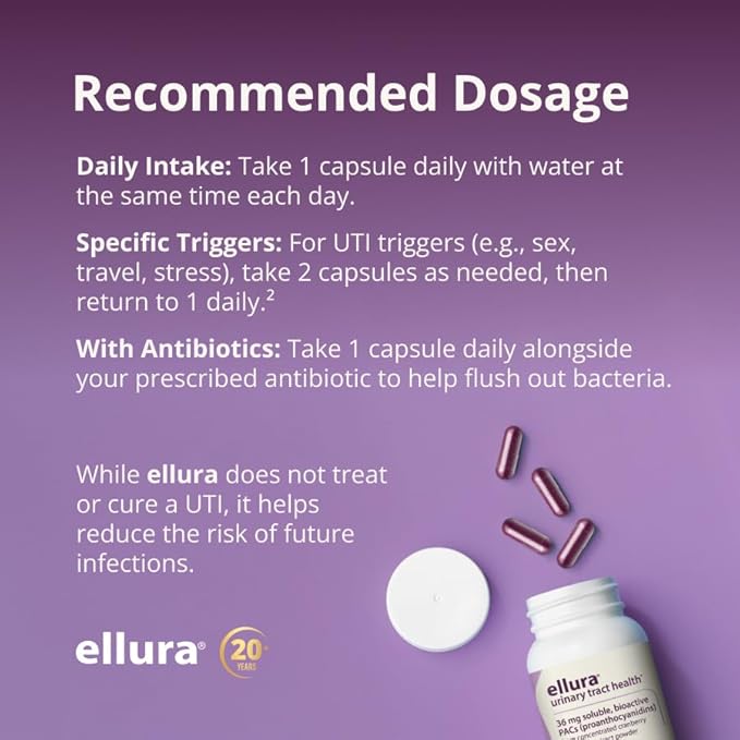 ellura 36mg Clinically Proven Soluble, Bioactive PACs – 100% Concentrated Cranberry Fruit Juice Extract, for UTI Support & Urinary Tract Health, 90 Capsules.