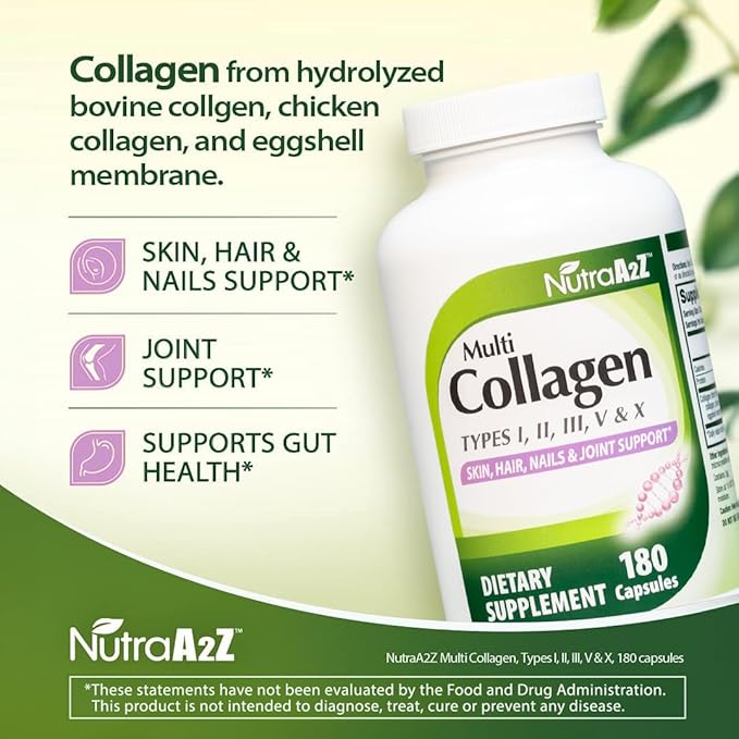 Multi Collagen Pills 1735mg -180 Collagen Capsules (60 Servings) - Types I, II, III, V & X for Healthy Skin, Hair, Nails & Joint Support