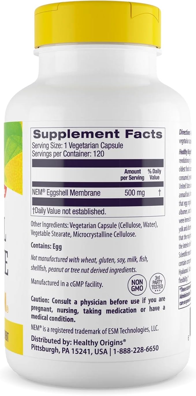 Healthy Origins Eggshell Membrane 500 mg (NEM, Non-GMO, Gluten Free, Joint Support), 120 Veggie Caps