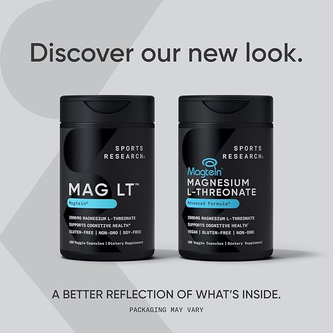 Sports Research Magtein Magnesium L-Threonate Capsules - Magnesium Supplement for Memory, Focus & Cognition - Magnesium L Threonate Supports Brain Health, Sleep & Mood - 2000mg, 90 Capsules for Adults