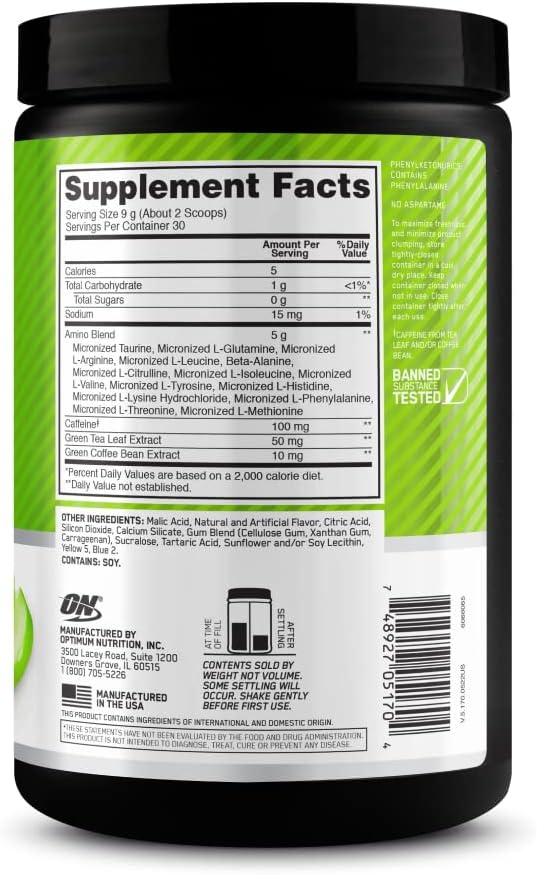 Optimum Nutrition Amino Energy - Pre Workout with Green Tea, BCAA, Amino Acids, Keto Friendly, Green Coffee Extract, Energy Powder - Green Apple, 30 Servings (Packaging May Vary)