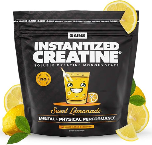 Gains in Bulk Instantized Creatine Monohydrate for Women and Men, Soluble Pre Workout Powder, Supports Muscle Building, Strength and Performance, Bodybuilding Supplements, Sweet Lemonade, 30 Servings