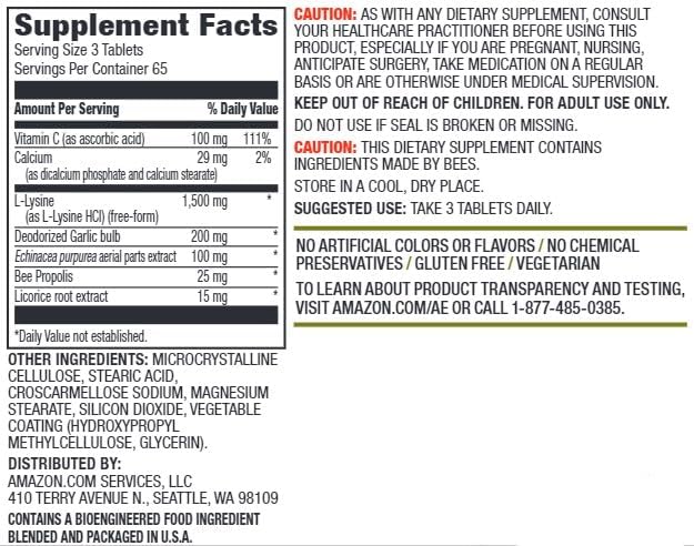 Amazon Elements Lysine Complex with Vitamin 65 Servings, 195 Count