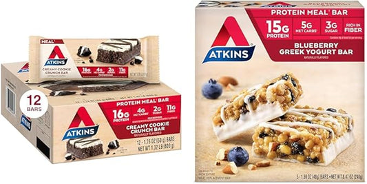 Atkins Creamy Cookie Crunch Meal Bars, 16g Protein, 12 Count & Blueberry Greek Yogurt Protein Meal Bar, 15g Protein, 5 Count