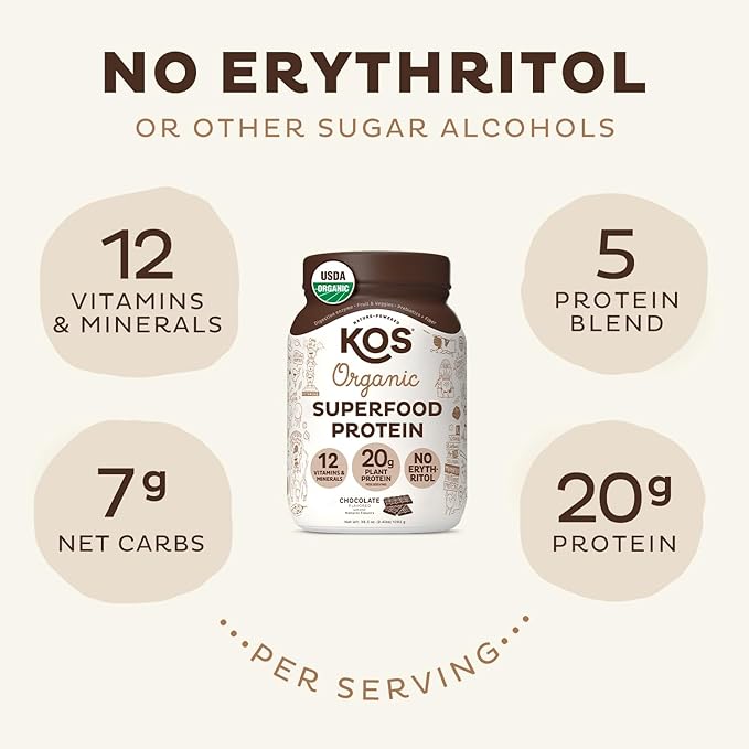 KOS Vegan Protein Powder Erythritol Free, Chocolate 28 Servings