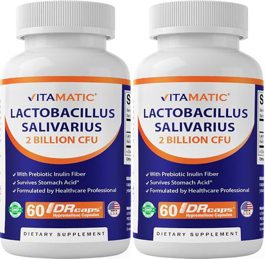 Vitamatic Lactobacillus Salivarius 2 Billion per DR Capsule - 60 Count - Digestive Support - Made with Prebiotic Inulin Fiber (2 Bottles)