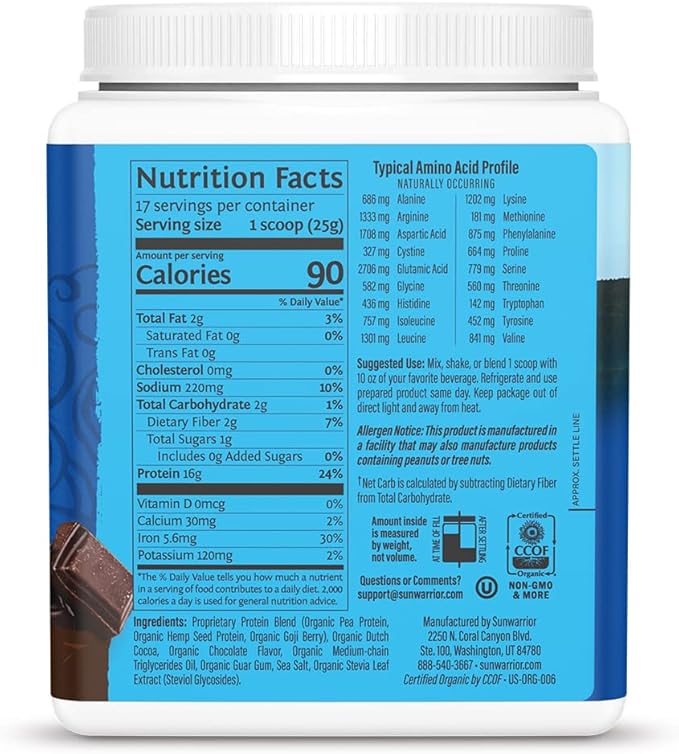 Sunwarrior Vegan Organic Protein Powder Plant-based 17 Servings