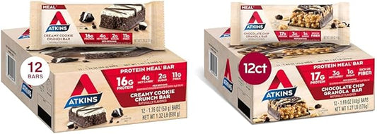 Atkins Creamy Cookie Crunch Meal Bars, 16g Protein, 12 Count & Chocolate Chip Granola Protein Meal Bar, 17g Protein, 12 Count