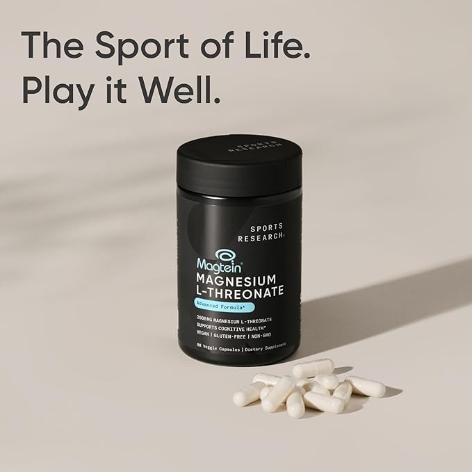 Sports Research Magtein Magnesium L-Threonate Capsules - Magnesium Supplement for Memory, Focus & Cognition - Magnesium L Threonate Supports Brain Health, Sleep & Mood - 2000mg, 90 Capsules for Adults